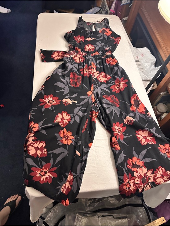 LOFT Pants - LOFT Black Whimsigoth Boho Jumpsuit with Red and Coral Floral Print